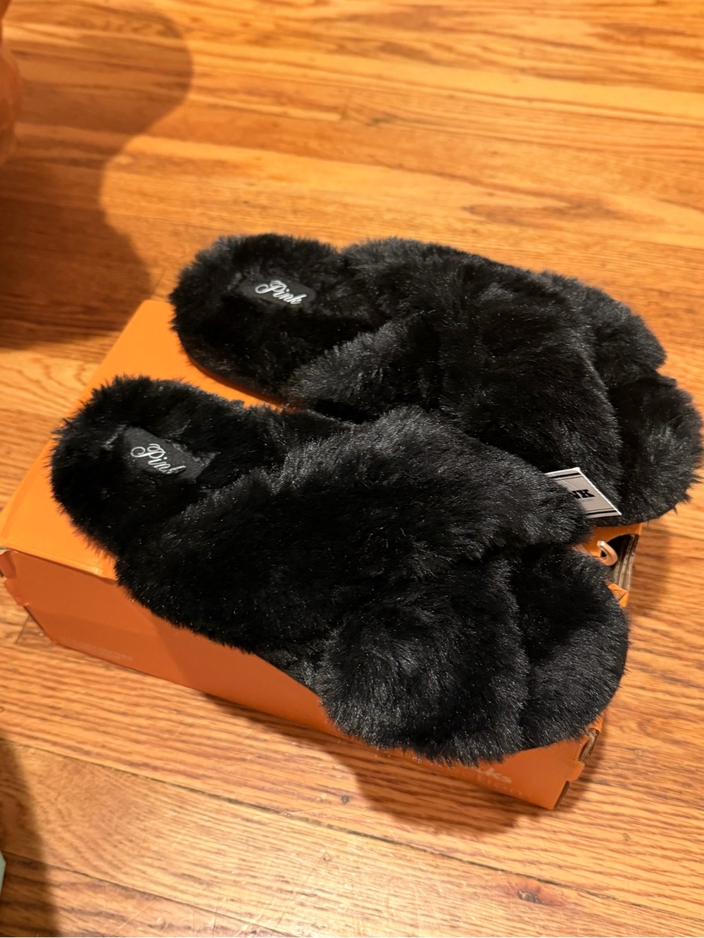 PINK Victoria's Secret Black Fuzzy Cross-Band Slippers